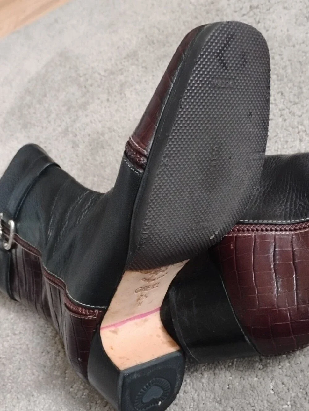 Brighton ..Gretel..Black and brown Croc-Accent Leather Ankle Boots. 7.5